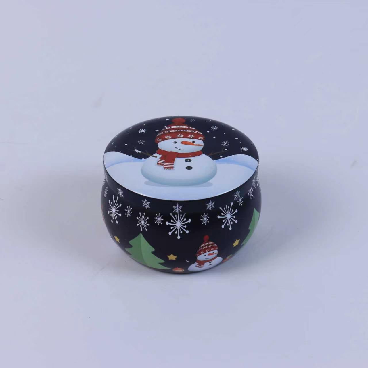 Christmas Snowman Black Round Tin Scented Candle 100g, Portable Natural Soy Wax Candle, Xmas Stocking Stuffer & Holiday Home Fragrance Gift