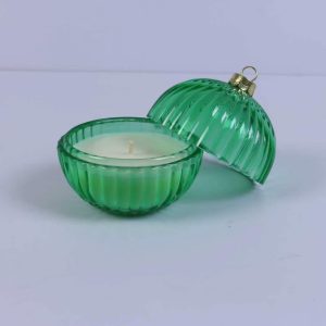 Waltz Ribbed Green Glass Ball Scented Candle 210g, Split Christmas Bauble Soy Wax Candle, Luxury Home Fragrance Decor & Holiday Gift